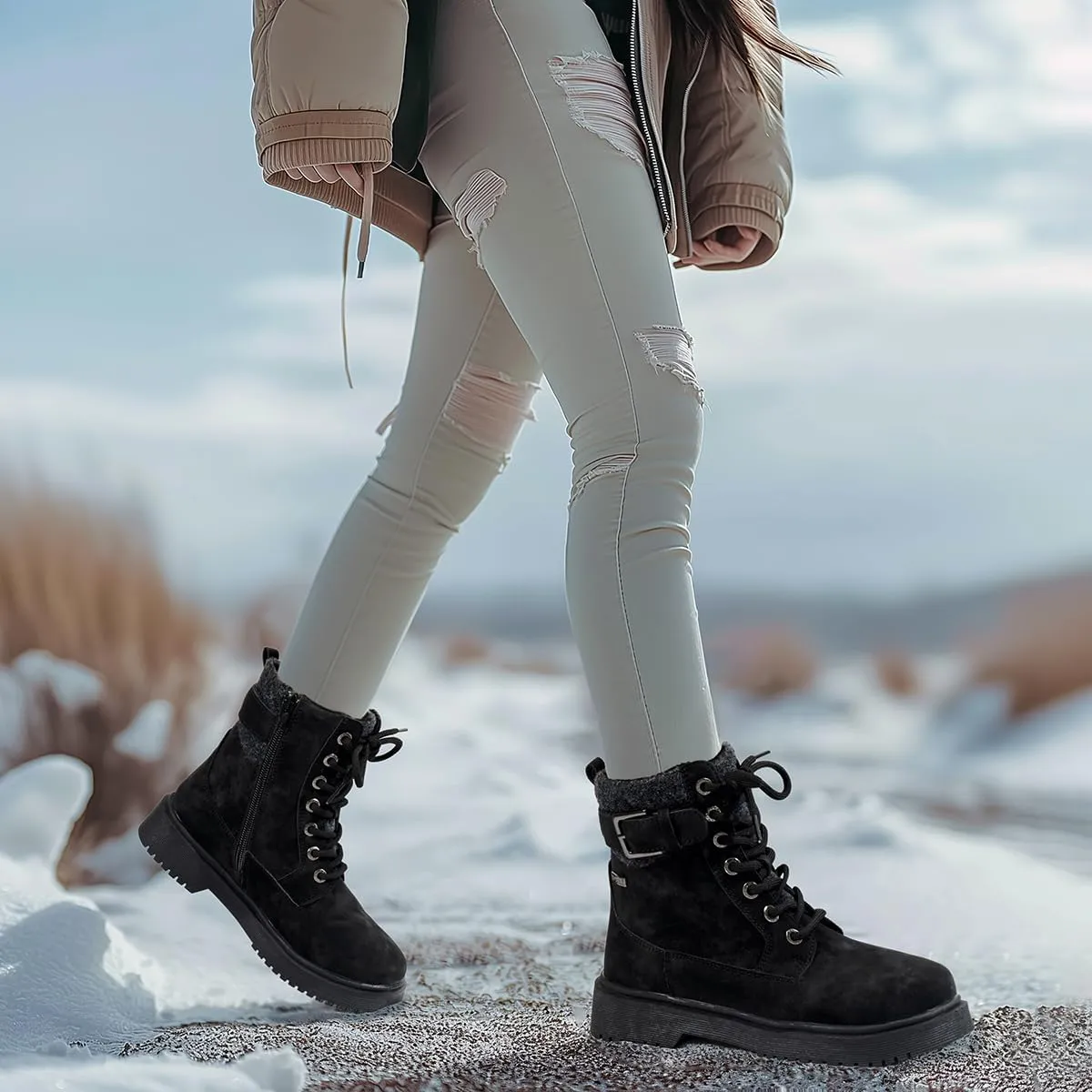 AJ.Fashion Combat Boots for Women  Genuine Leather Lace-Up Ankle Boots, Durable Fall Footwear for Womens Everyday and Outdoor Style