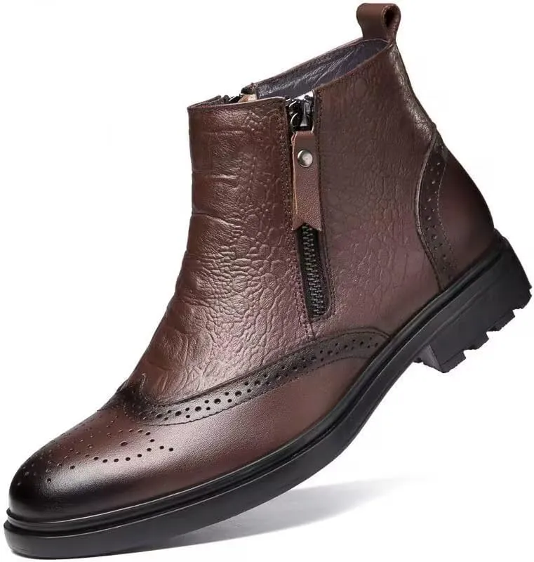 Ankle Boots For Men Non Slip Resistant Leather Brogue Embossed Wingtips Double Side Zip Classic Formal Fashion