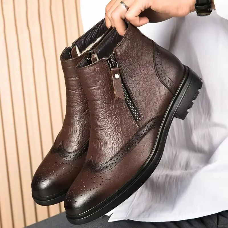 Ankle Boots For Men Non Slip Resistant Leather Brogue Embossed Wingtips Double Side Zip Classic Formal Fashion