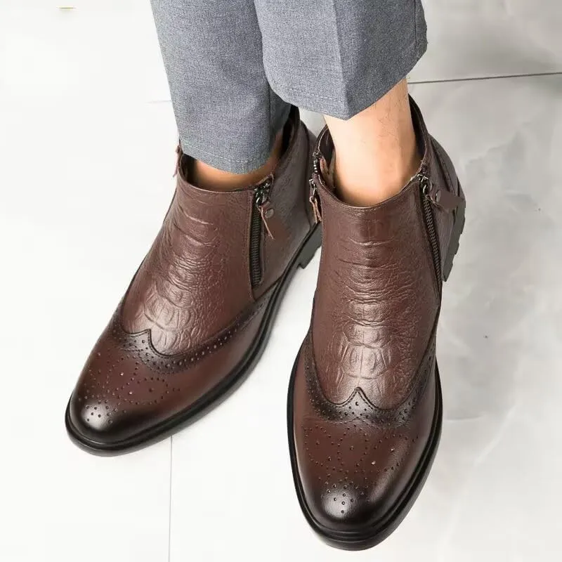 Ankle Boots For Men Non Slip Resistant Leather Brogue Embossed Wingtips Double Side Zip Classic Formal Fashion