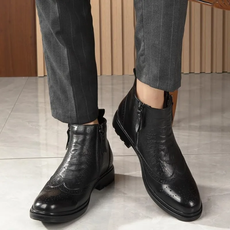 Ankle Boots For Men Non Slip Resistant Leather Brogue Embossed Wingtips Double Side Zip Classic Formal Fashion