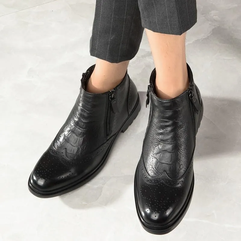 Ankle Boots For Men Non Slip Resistant Leather Brogue Embossed Wingtips Double Side Zip Classic Formal Fashion