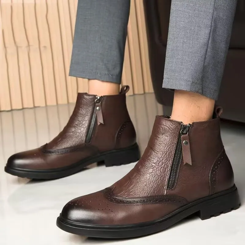 Ankle Boots For Men Non Slip Resistant Leather Brogue Embossed Wingtips Double Side Zip Classic Formal Fashion