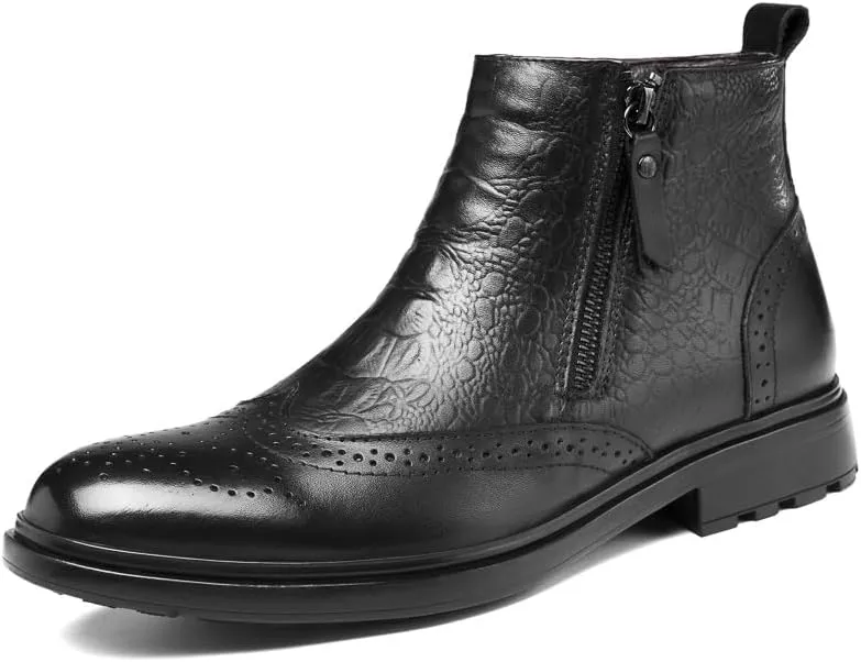 Ankle Boots For Men Non Slip Resistant Leather Brogue Embossed Wingtips Double Side Zip Classic Formal Fashion