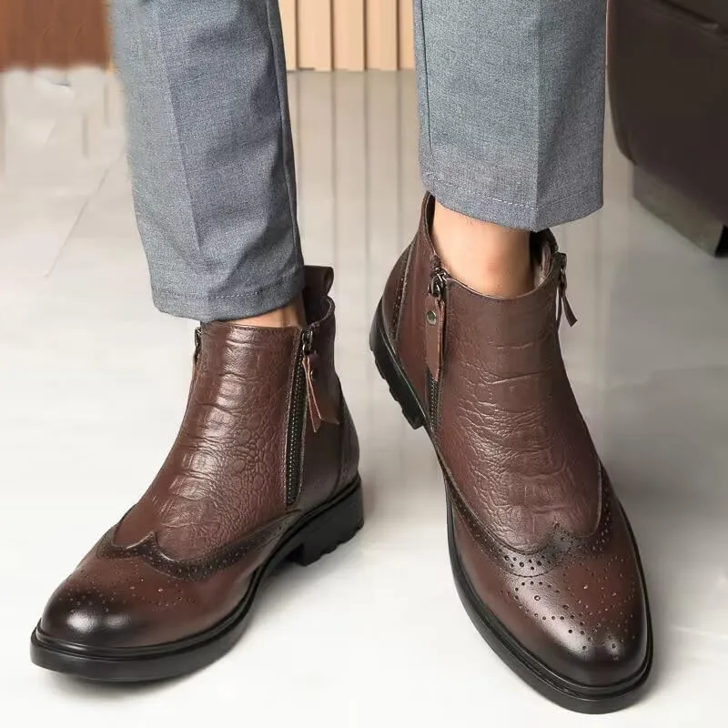 Ankle Boots For Men Non Slip Resistant Leather Brogue Embossed Wingtips Double Side Zip Classic Formal Fashion