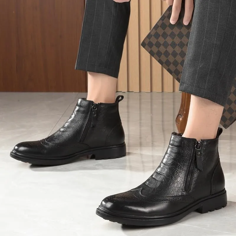 Ankle Boots For Men Non Slip Resistant Leather Brogue Embossed Wingtips Double Side Zip Classic Formal Fashion