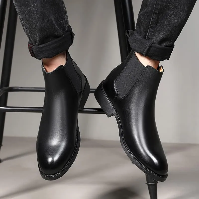 Chelsea Boots For Men Round Toe Elastic Band Ankle Boots Genuine Leather Wearable Anti-slip Dress Slip On
