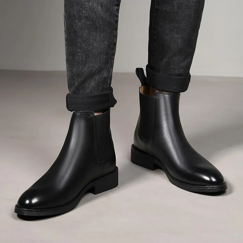 Chelsea Boots For Men Round Toe Elastic Band Ankle Boots Genuine Leather Wearable Anti-slip Dress Slip On