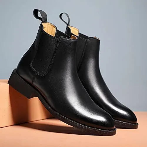 Chelsea Boots For Men Round Toe Elastic Band Ankle Boots Genuine Leather Wearable Anti-slip Dress Slip On