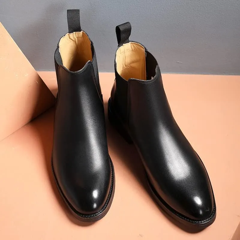 Chelsea Boots For Men Round Toe Elastic Band Ankle Boots Genuine Leather Wearable Anti-slip Dress Slip On