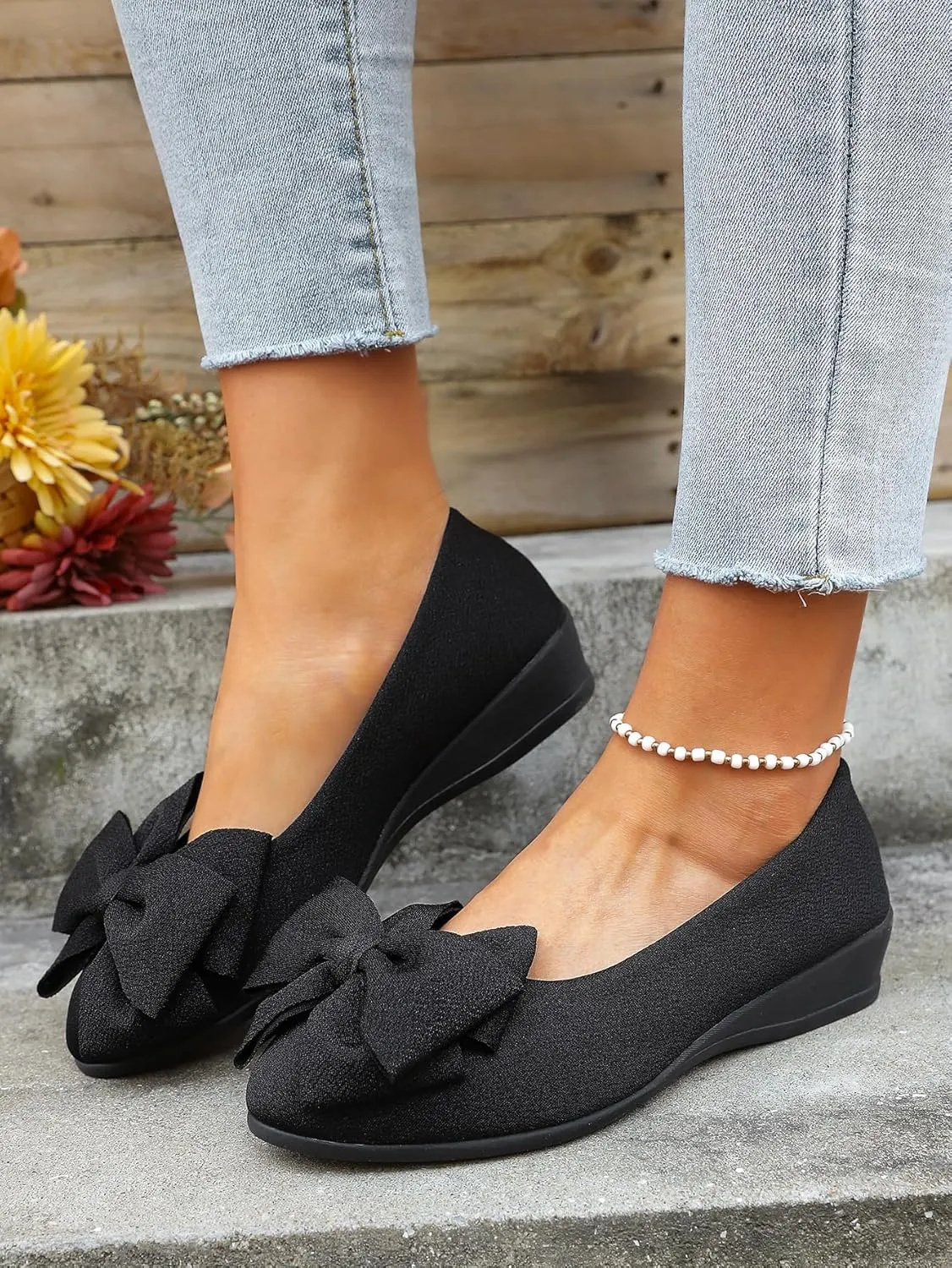 Geerta Women's Moccasins Cute Fashion Bow Decorated Low Top Round Toe Shoes Orthopedic Sandals, Cute Casual Comfy Lightweight Slip on Shoes, Female Solid All-Match Loafers for Everyday Wear