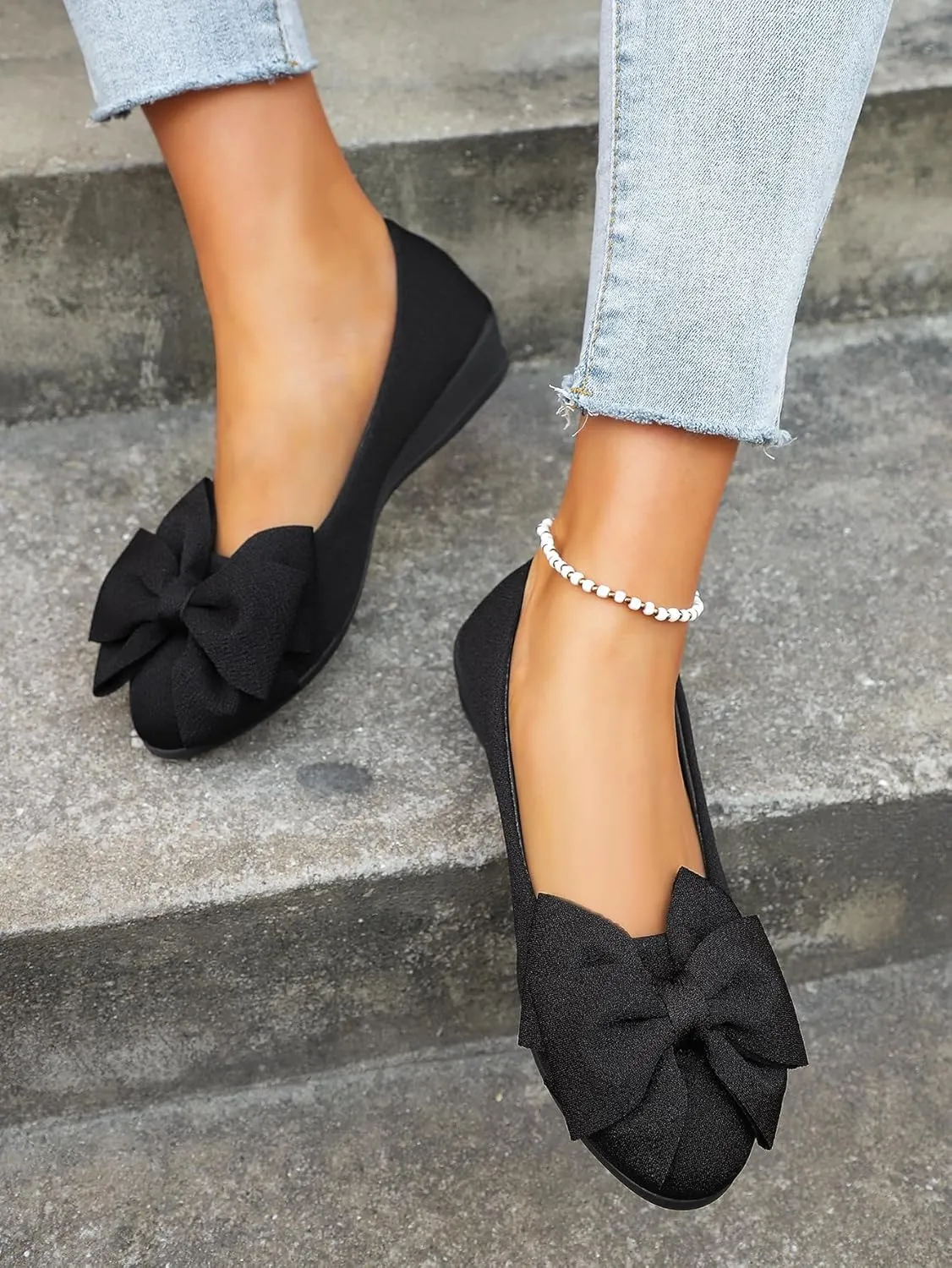 Geerta Women's Moccasins Cute Fashion Bow Decorated Low Top Round Toe Shoes Orthopedic Sandals, Cute Casual Comfy Lightweight Slip on Shoes, Female Solid All-Match Loafers for Everyday Wear
