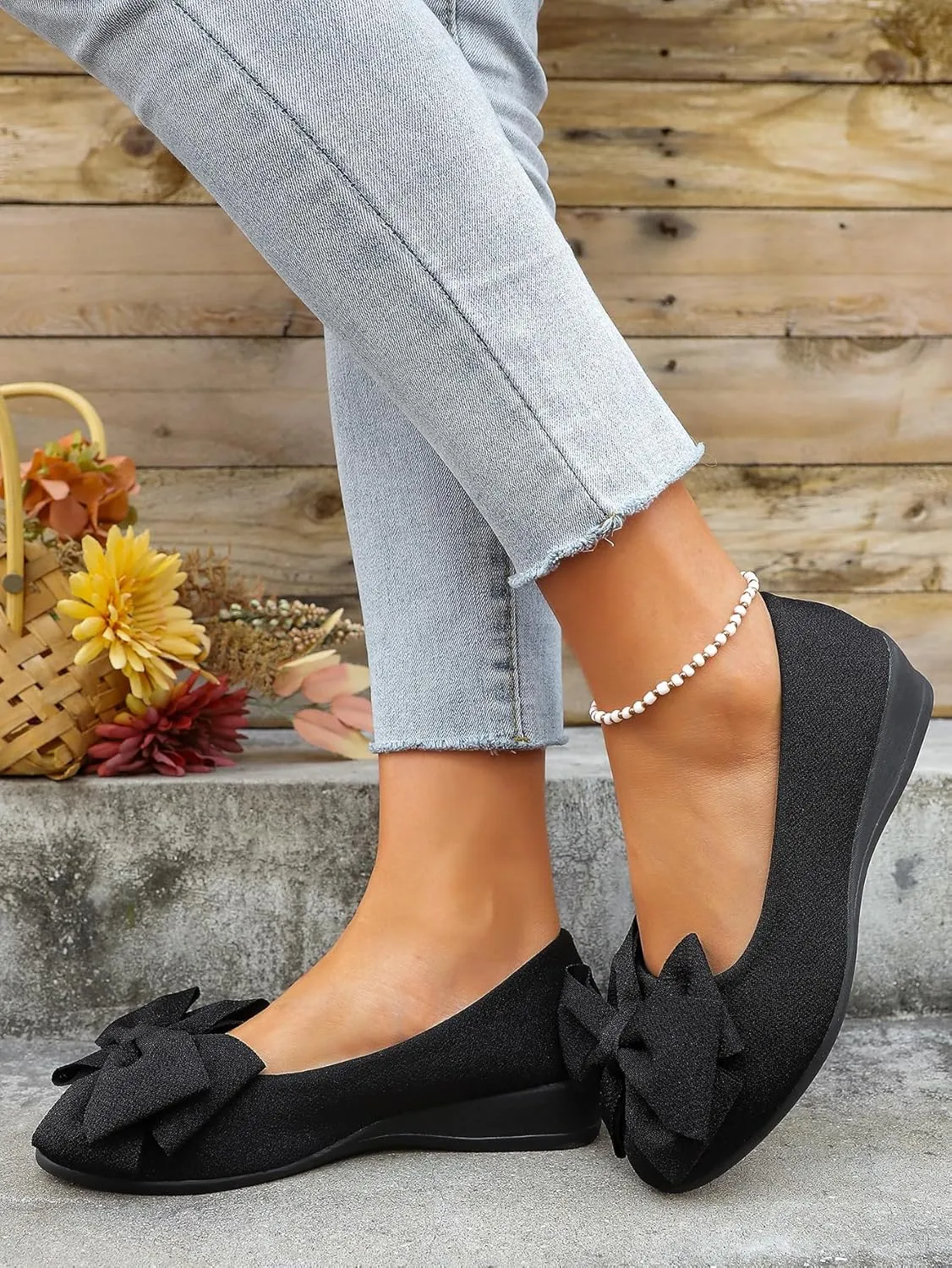 Geerta Women's Moccasins Cute Fashion Bow Decorated Low Top Round Toe Shoes Orthopedic Sandals, Cute Casual Comfy Lightweight Slip on Shoes, Female Solid All-Match Loafers for Everyday Wear