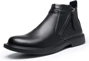 HOOENG Ankle Boots for Men with Double Zipper Genuine Leather Wearable Non Slip on Waterproof Anti-Slip Formal Fashion