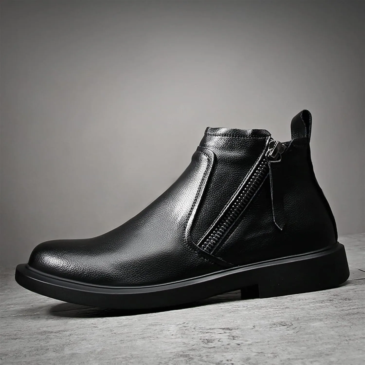 HOOENG Ankle Boots for Men with Double Zipper Genuine Leather Wearable Non Slip on Waterproof Anti-Slip Formal Fashion
