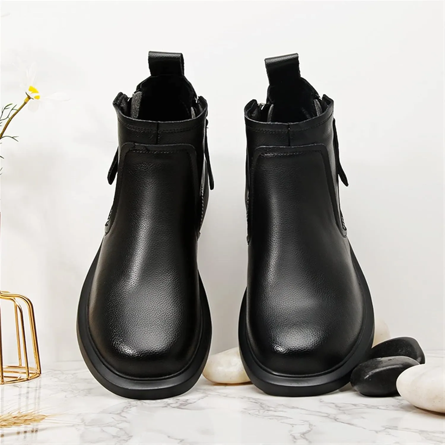 HOOENG Ankle Boots for Men with Double Zipper Genuine Leather Wearable Non Slip on Waterproof Anti-Slip Formal Fashion