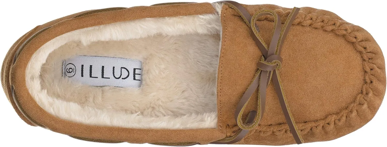 ILLUDE Women’s Moccasin Slipper Vegan Suede Faux Fur Lined Indoor Outdoor Moccasins Slip On Loafers Moccasins Shoes