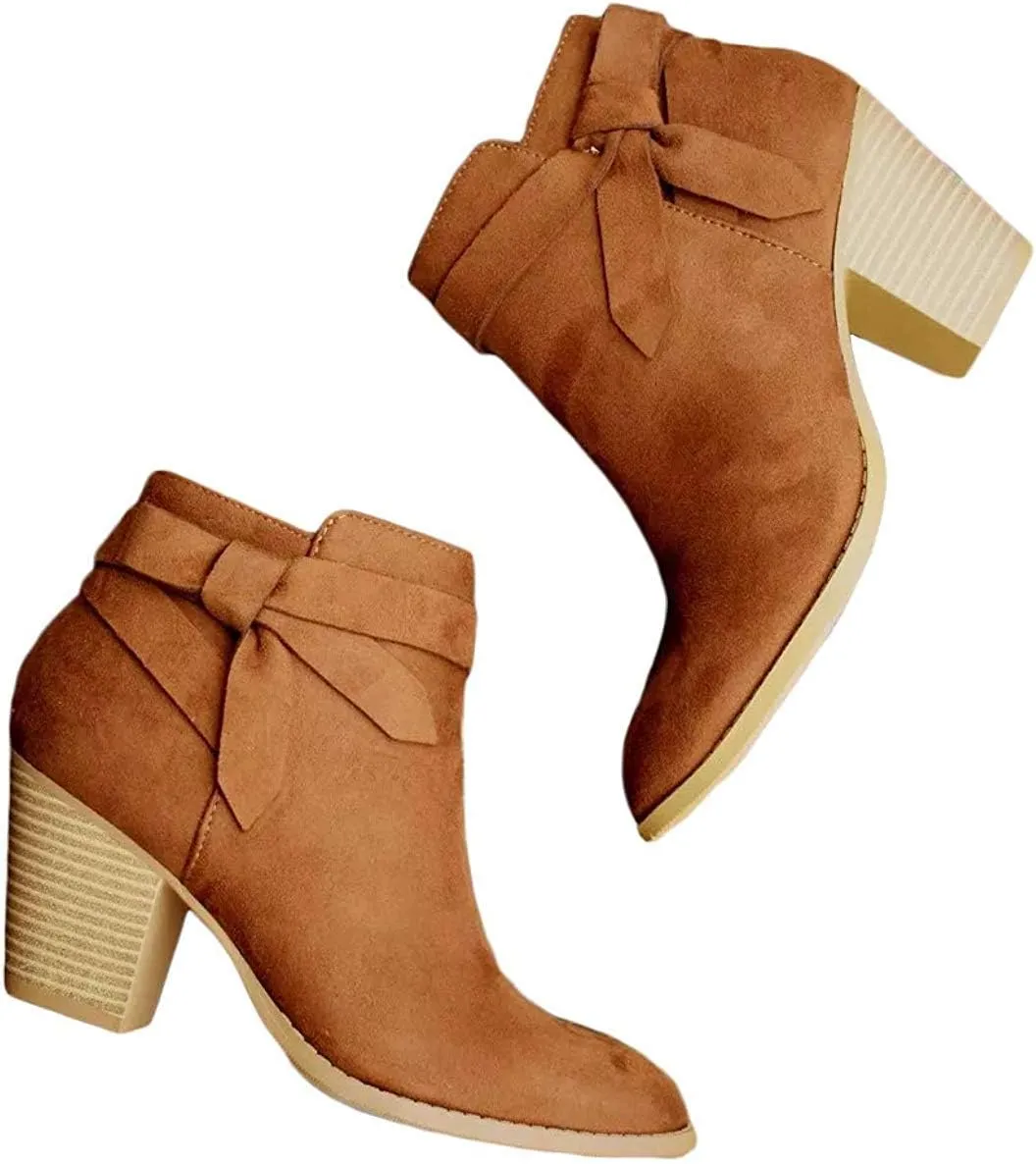 JITUUE Womens Ankle Boots Chunky Block High Heel Slip on Tie Knot Block Zip Up Shoes Chelsea Pump Pointed Closed Toe Cute Stacked Heel Booties
