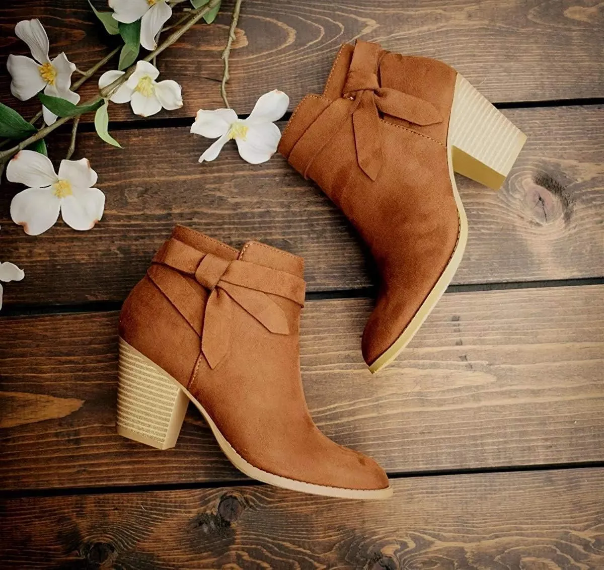 JITUUE Womens Ankle Boots Chunky Block High Heel Slip on Tie Knot Block Zip Up Shoes Chelsea Pump Pointed Closed Toe Cute Stacked Heel Booties