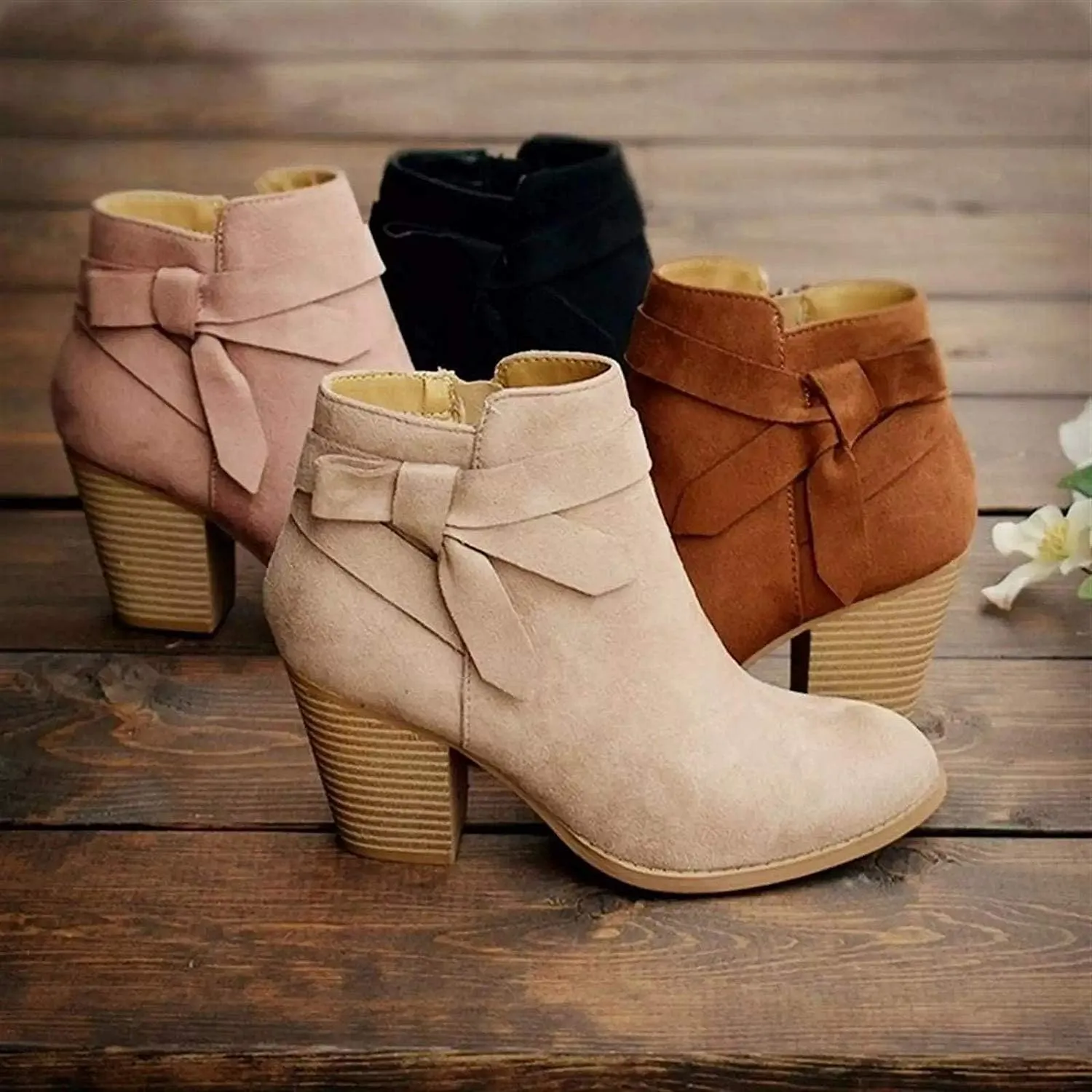 JITUUE Womens Ankle Boots Chunky Block High Heel Slip on Tie Knot Block Zip Up Shoes Chelsea Pump Pointed Closed Toe Cute Stacked Heel Booties