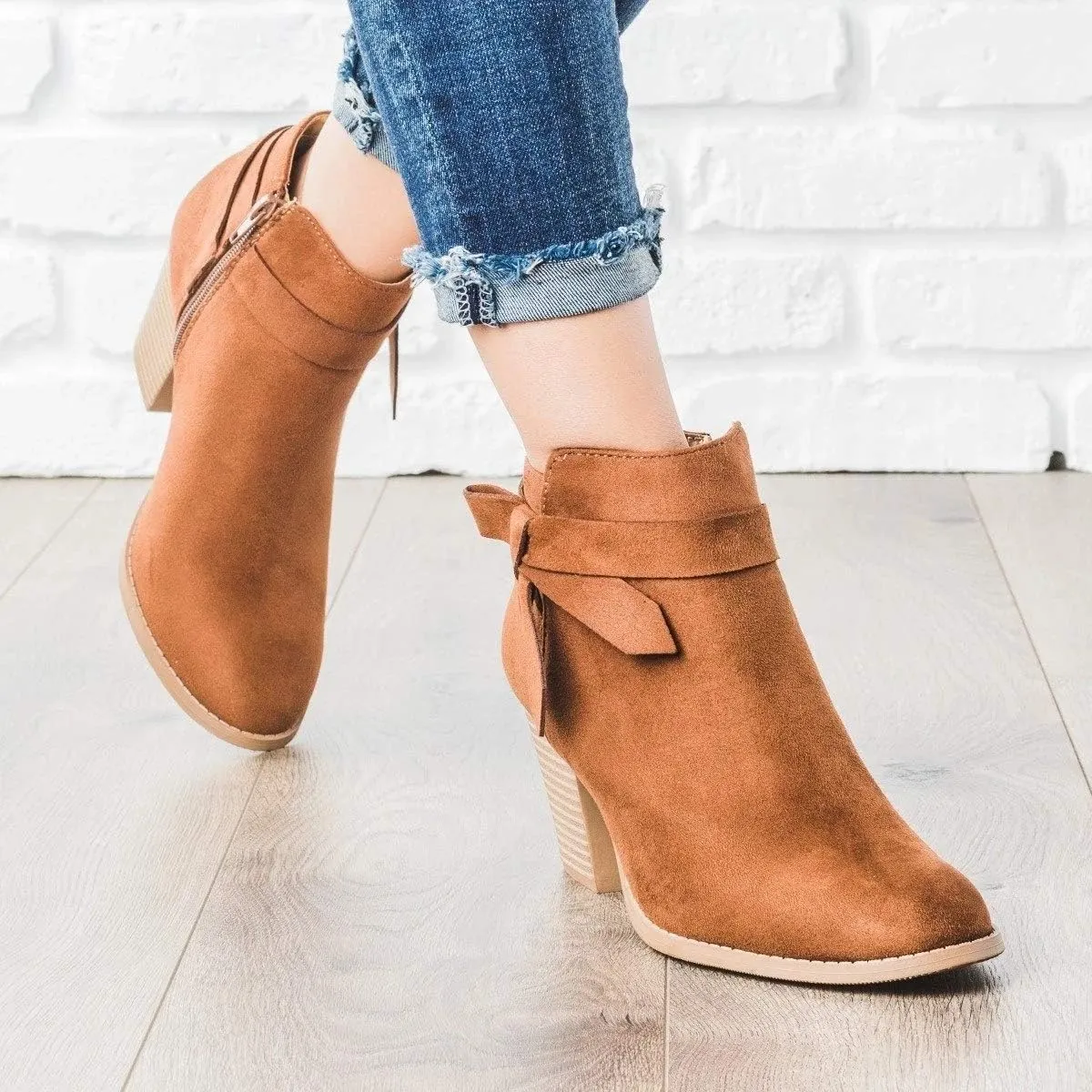 JITUUE Womens Ankle Boots Chunky Block High Heel Slip on Tie Knot Block Zip Up Shoes Chelsea Pump Pointed Closed Toe Cute Stacked Heel Booties