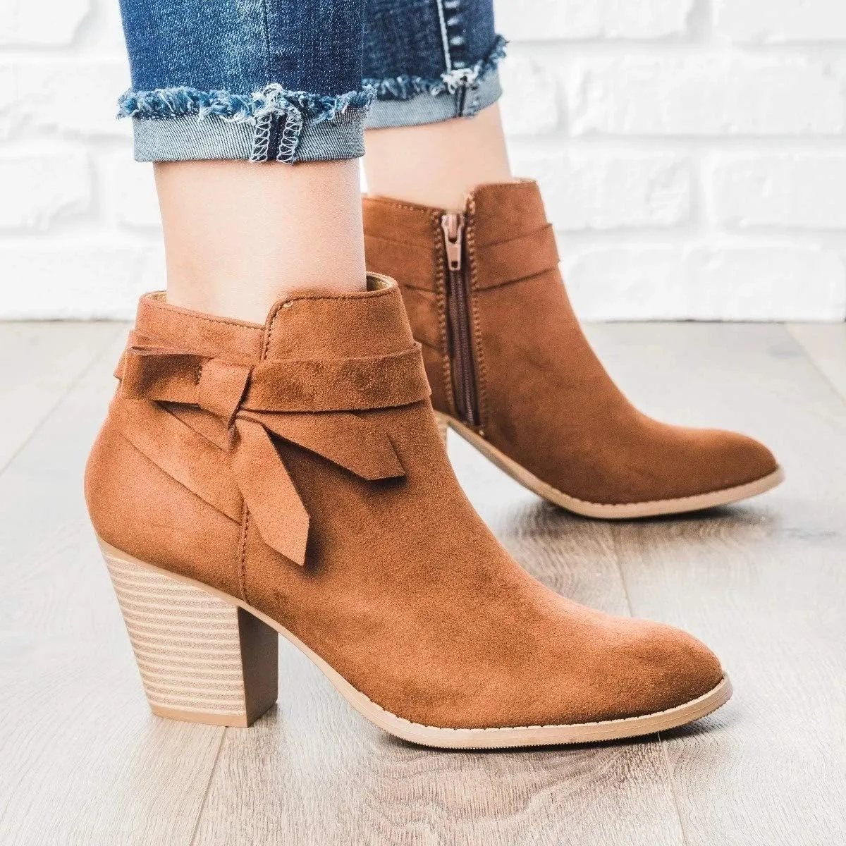 JITUUE Womens Ankle Boots Chunky Block High Heel Slip on Tie Knot Block Zip Up Shoes Chelsea Pump Pointed Closed Toe Cute Stacked Heel Booties