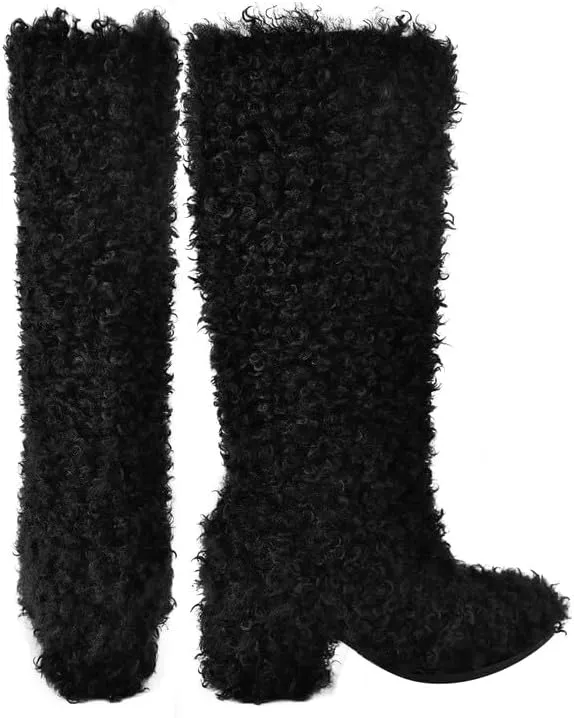 LISHAN Womens Faux Fur Flat Mid Calf Boots Fluffy Furry Fuzzy Heel Pull on Snow Boots Warm Winter Shoes