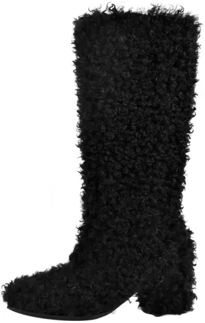 LISHAN Womens Faux Fur Flat Mid Calf Boots Fluffy Furry Fuzzy Heel Pull on Snow Boots Warm Winter Shoes