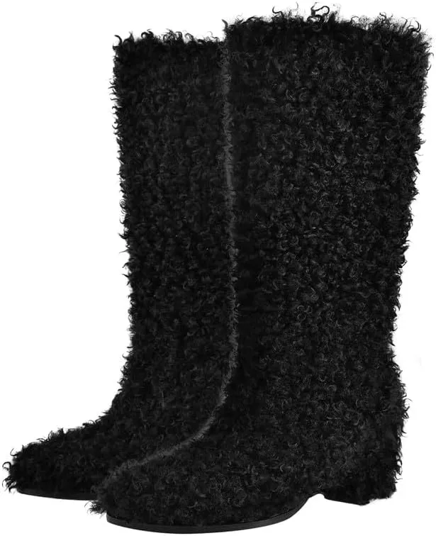 LISHAN Womens Faux Fur Flat Mid Calf Boots Fluffy Furry Fuzzy Heel Pull on Snow Boots Warm Winter Shoes