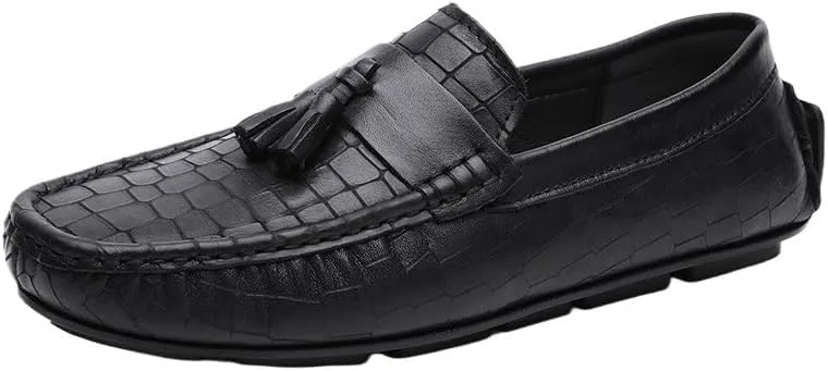 Loafers for Men Round Toe Leather with Tassel Driving Moccasins Loafers Flat Heel Comfortable Resistant Casual Prom Slip On