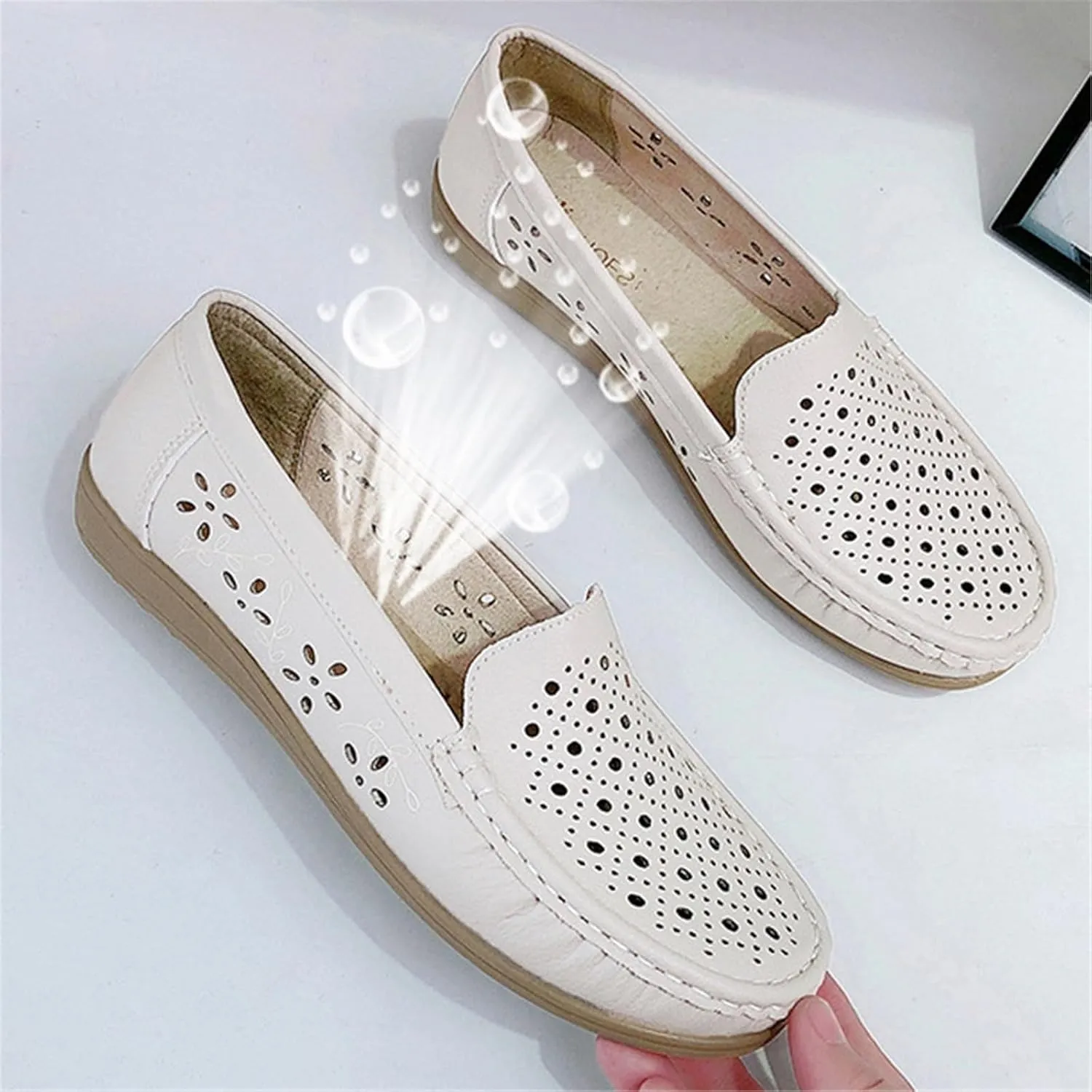 Loafers for Women, Comfy Summer Breathable Hollow Slip-On Leather Nurse Shoes for Women's, Fashion Non-Slip Flats Driving Working Moccasin, for Medical Workers, Nurse, Doctors