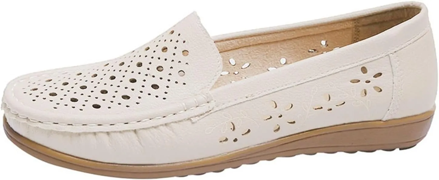 Loafers for Women, Comfy Summer Breathable Hollow Slip-On Leather Nurse Shoes for Women's, Fashion Non-Slip Flats Driving Working Moccasin, for Medical Workers, Nurse, Doctors