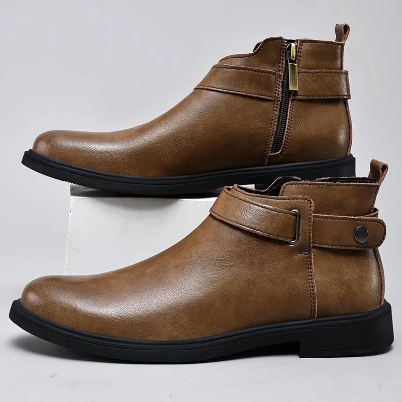 Mens Ankle Boots Waterproof Wearable Anti-slip Leather with Side Zipper Monk Strap Work Fashion