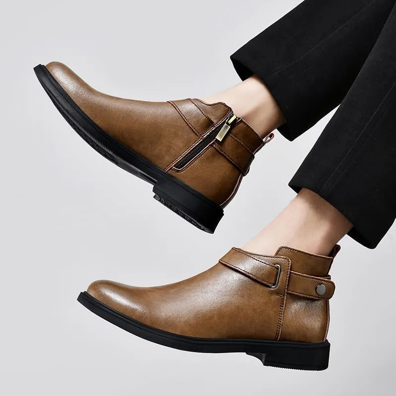 Mens Ankle Boots Waterproof Wearable Anti-slip Leather with Side Zipper Monk Strap Work Fashion