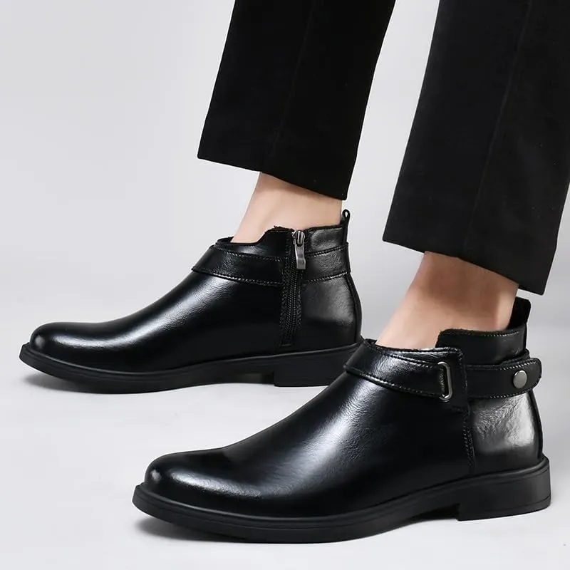 Mens Ankle Boots Waterproof Wearable Anti-slip Leather with Side Zipper Monk Strap Work Fashion