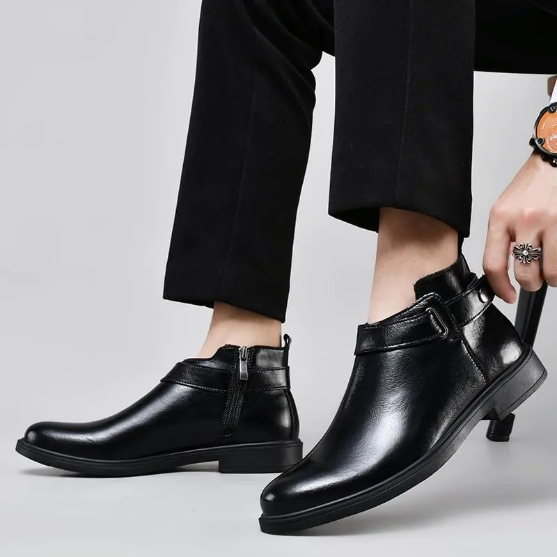 Mens Ankle Boots Waterproof Wearable Anti-slip Leather with Side Zipper Monk Strap Work Fashion