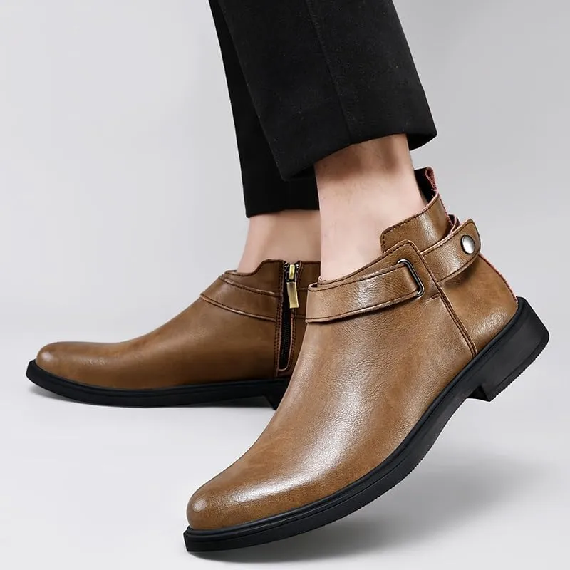 Mens Ankle Boots Waterproof Wearable Anti-slip Leather with Side Zipper Monk Strap Work Fashion