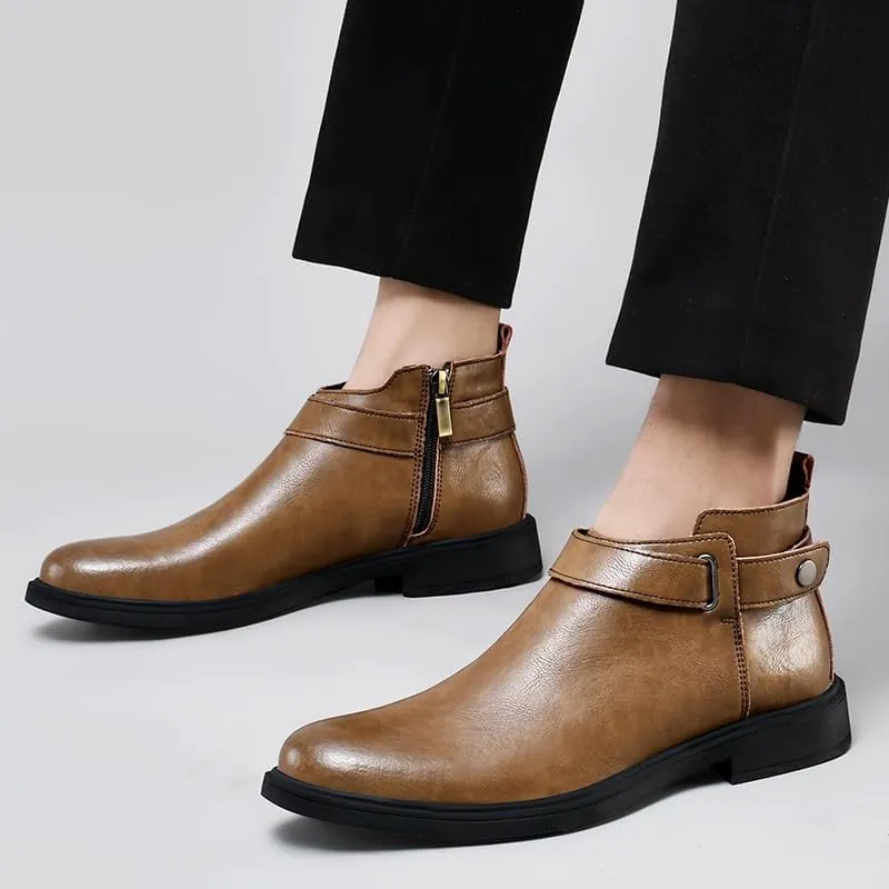 Mens Ankle Boots Waterproof Wearable Anti-slip Leather with Side Zipper Monk Strap Work Fashion