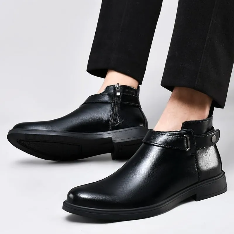 Mens Ankle Boots Waterproof Wearable Anti-slip Leather with Side Zipper Monk Strap Work Fashion
