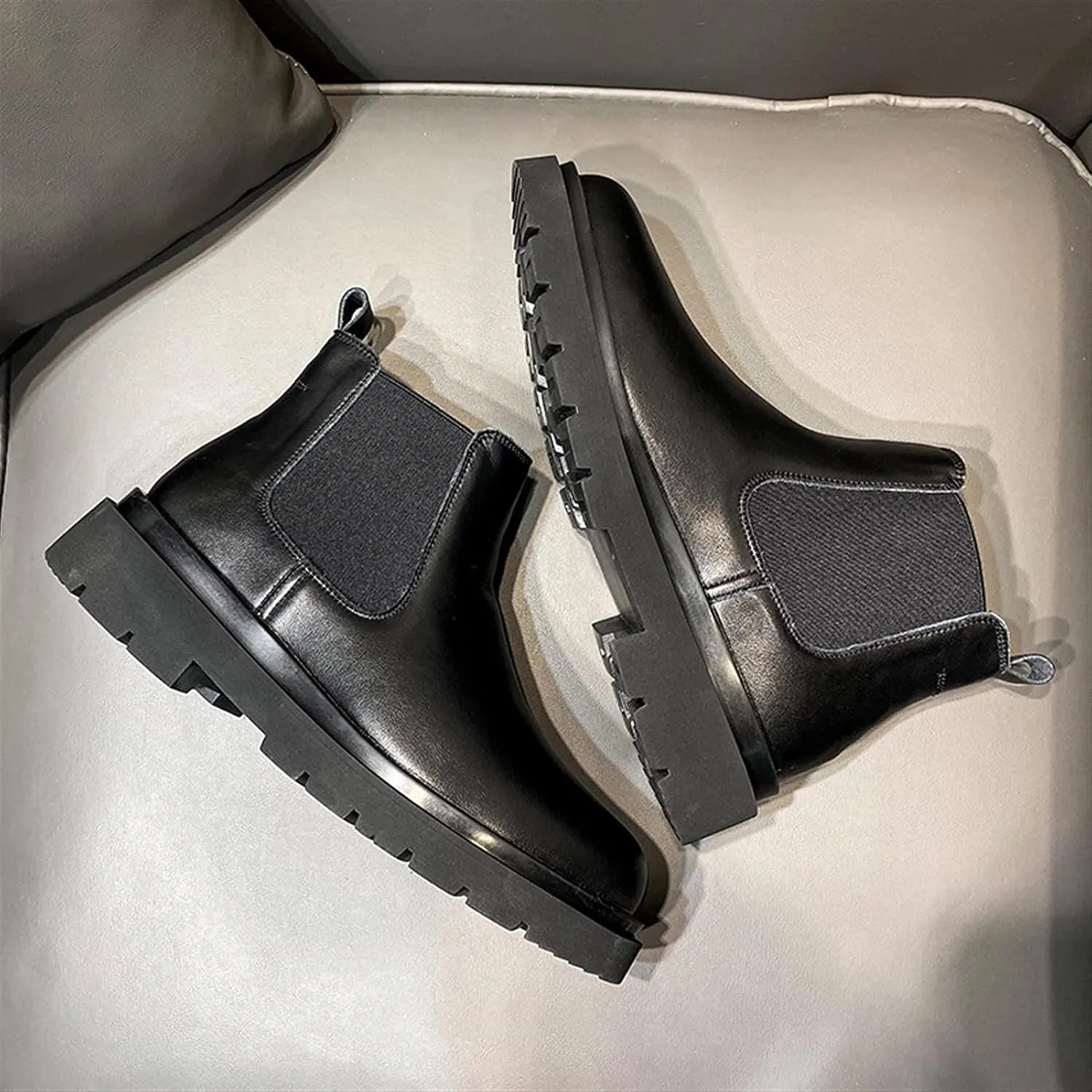 Men's Chelsea Ankle Boots Block Heel Elastic Bandage Genuine Leather Non Wearable Anti-slip Waterproof Casual Fashion Slip On