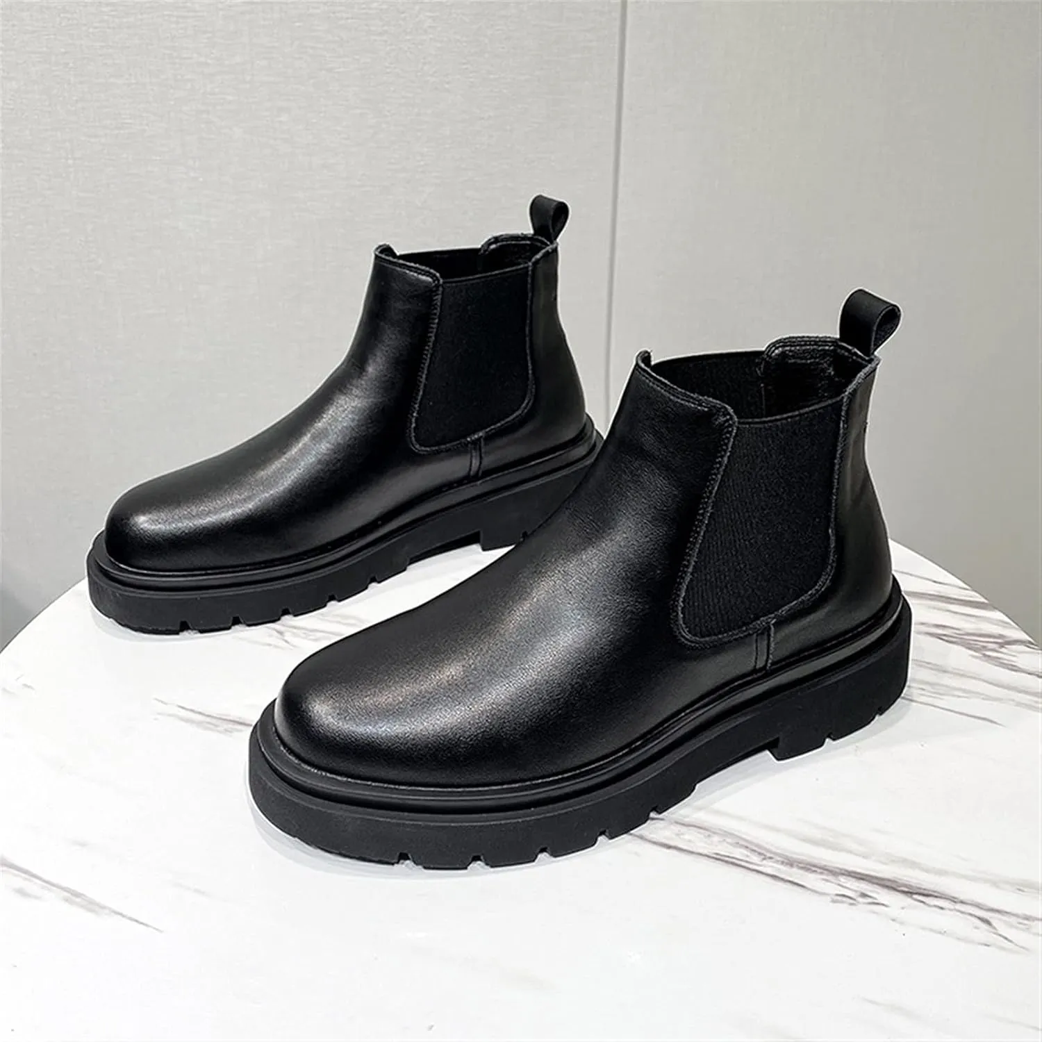 Men's Chelsea Ankle Boots Block Heel Elastic Bandage Genuine Leather Non Wearable Anti-slip Waterproof Casual Fashion Slip On