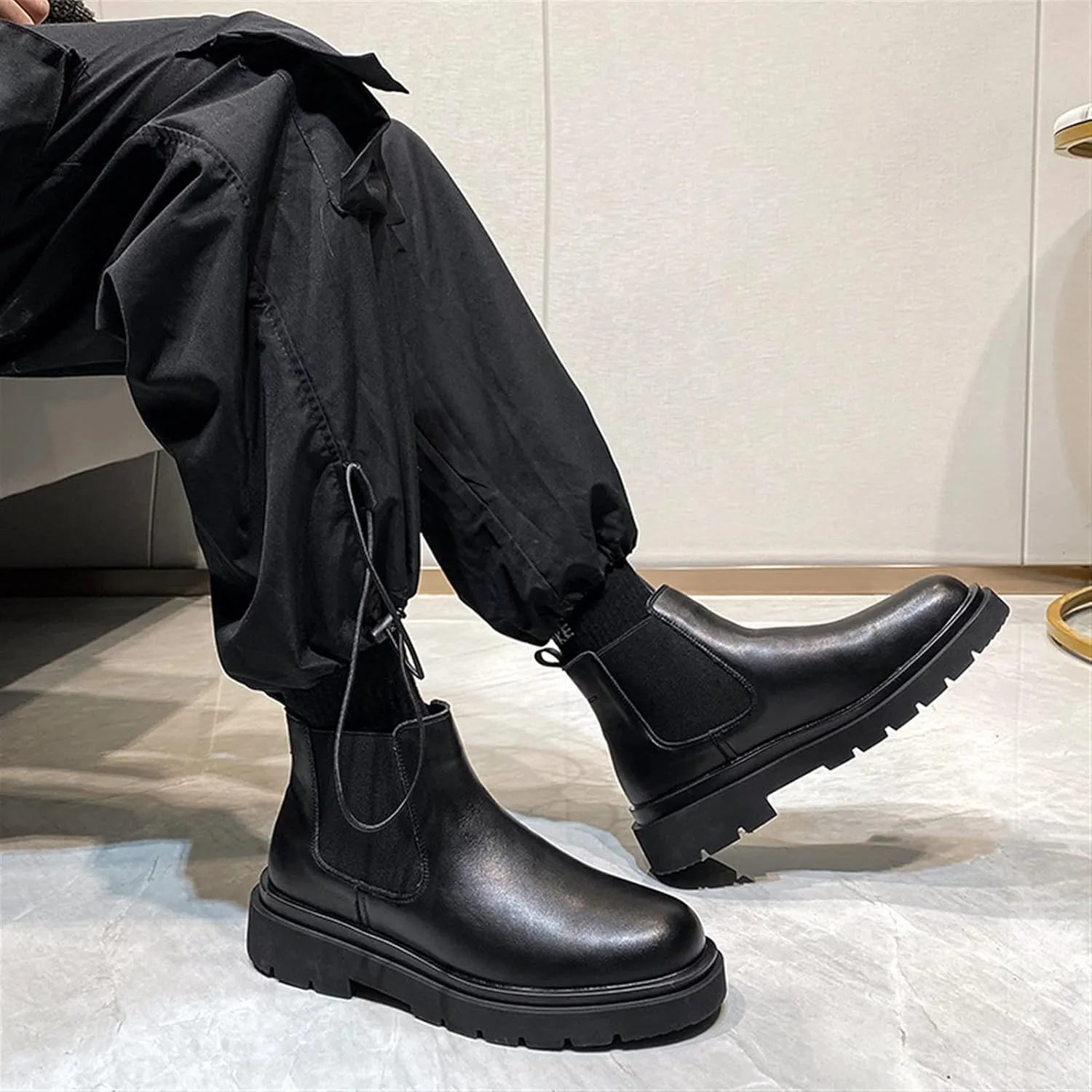 Men's Chelsea Ankle Boots Block Heel Elastic Bandage Genuine Leather Non Wearable Anti-slip Waterproof Casual Fashion Slip On