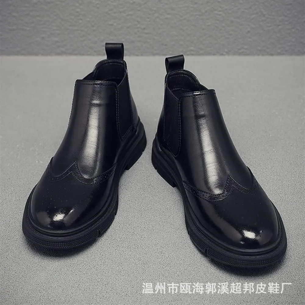 Men's Chelsea Ankle Boots Carved Brogue Burnished Toe Elastic Bandage Genuine Leather Anti-slip Non Slip Waterproof Wearable Fashion Pull On