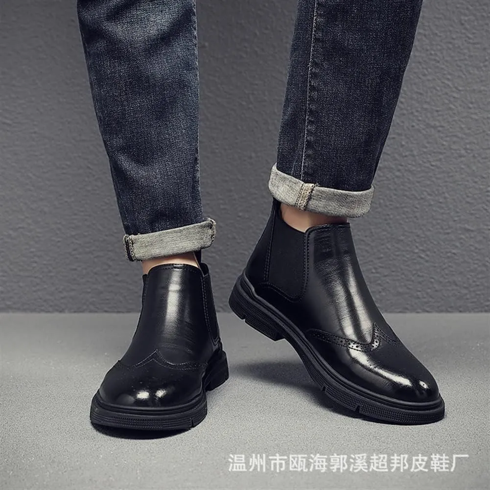 Men's Chelsea Ankle Boots Carved Brogue Burnished Toe Elastic Bandage Genuine Leather Anti-slip Non Slip Waterproof Wearable Fashion Pull On