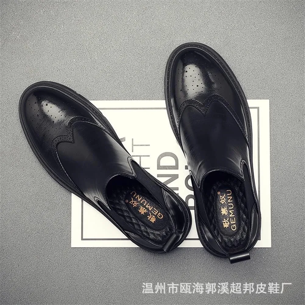 Men's Chelsea Ankle Boots Carved Brogue Burnished Toe Elastic Bandage Genuine Leather Anti-slip Non Slip Waterproof Wearable Fashion Pull On
