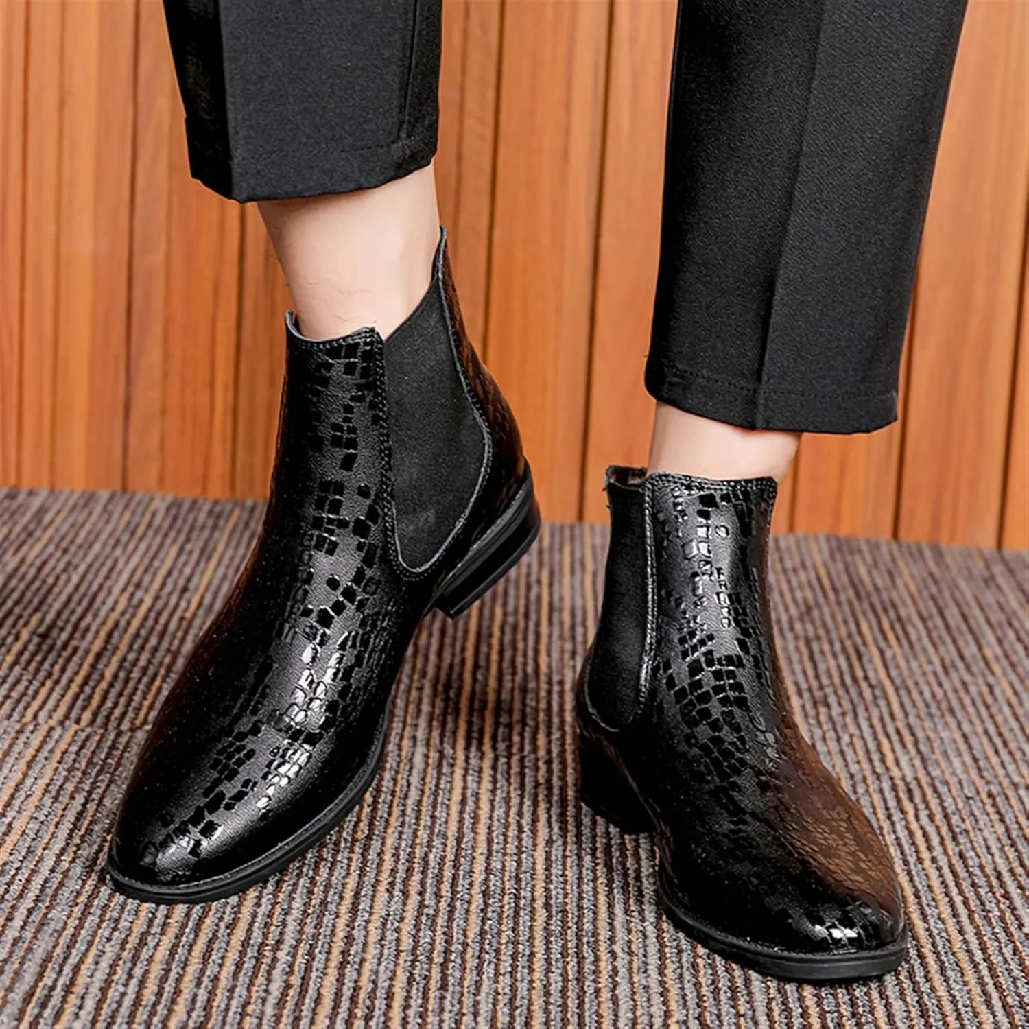 Men's Chelsea Ankle Boots Crocodile Print Elastic Bandage Cowhide Leather Non Slip Waterproof Wearable Formal Pull On