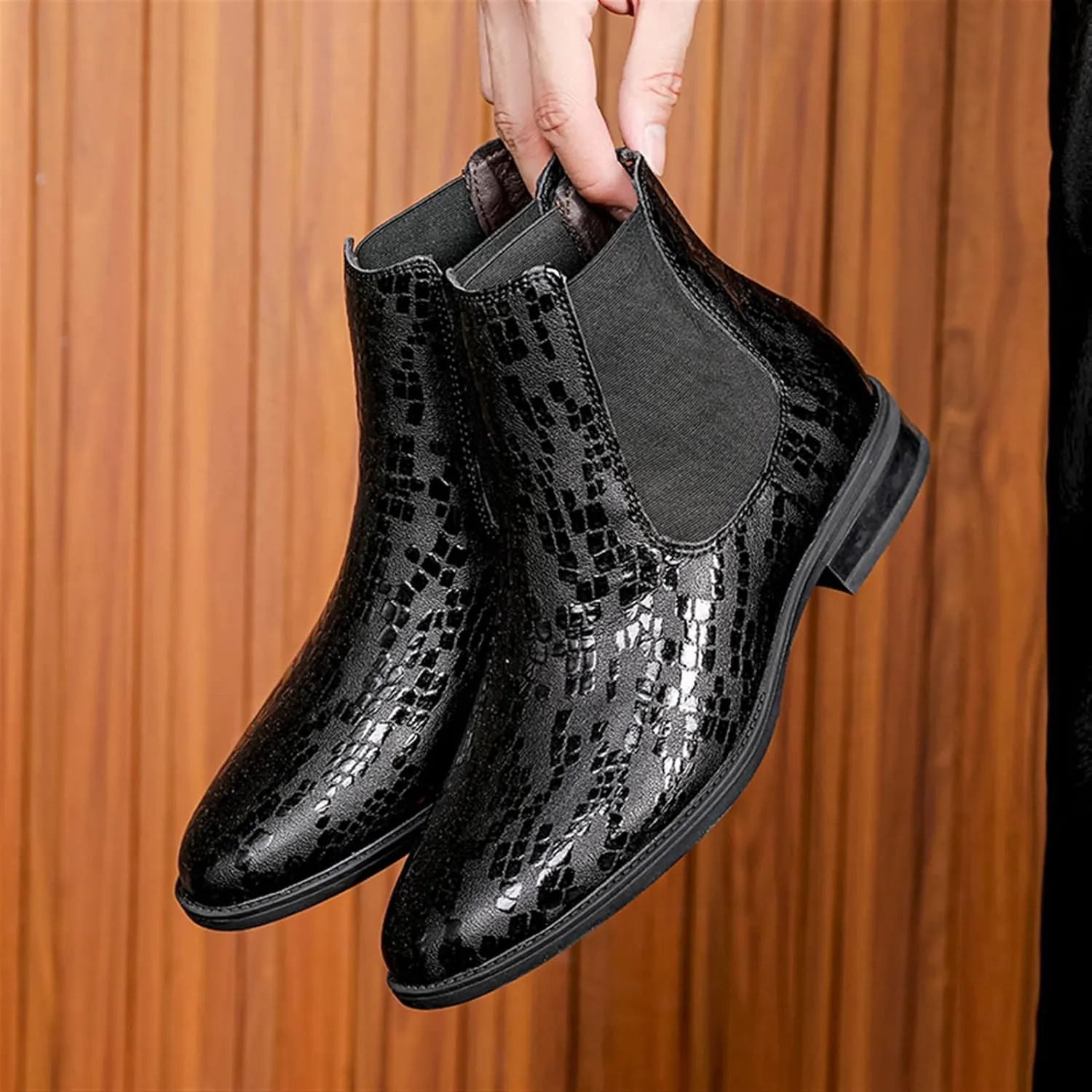 Men's Chelsea Ankle Boots Crocodile Print Elastic Bandage Cowhide Leather Non Slip Waterproof Wearable Formal Pull On