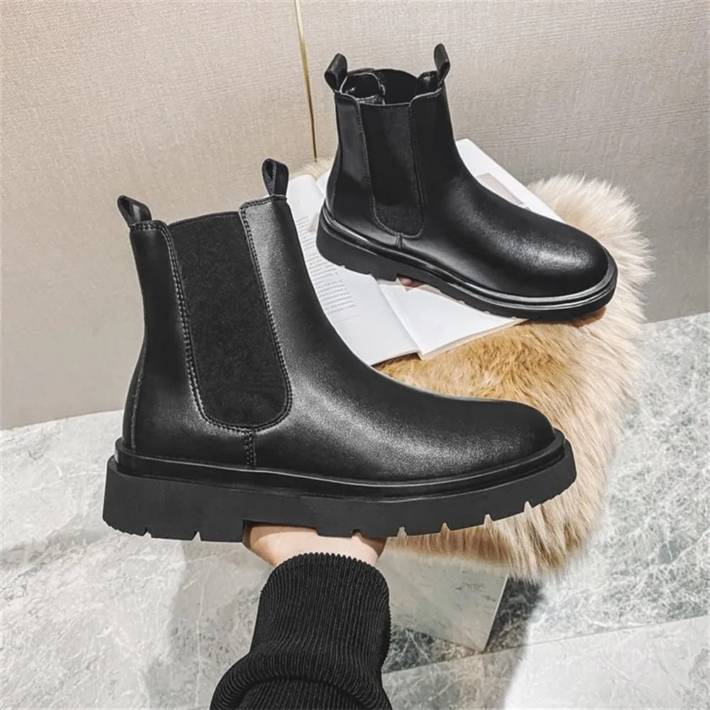 Men's Chelsea Ankle Boots Round Toe Simple Leather Waterproof Anti-slip Wearable Casual Work Slip On