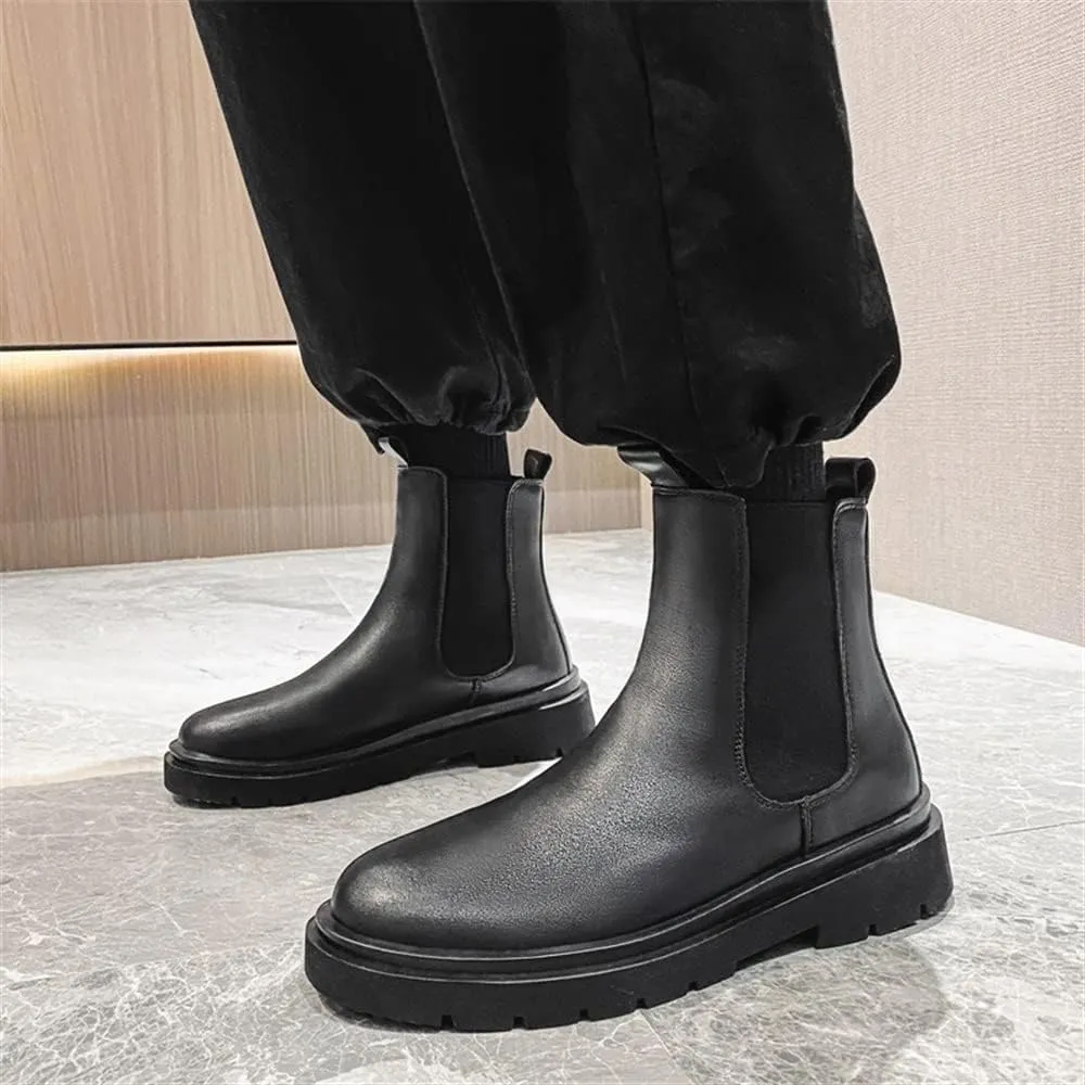 Men's Chelsea Ankle Boots Round Toe Simple Leather Waterproof Anti-slip Wearable Casual Work Slip On