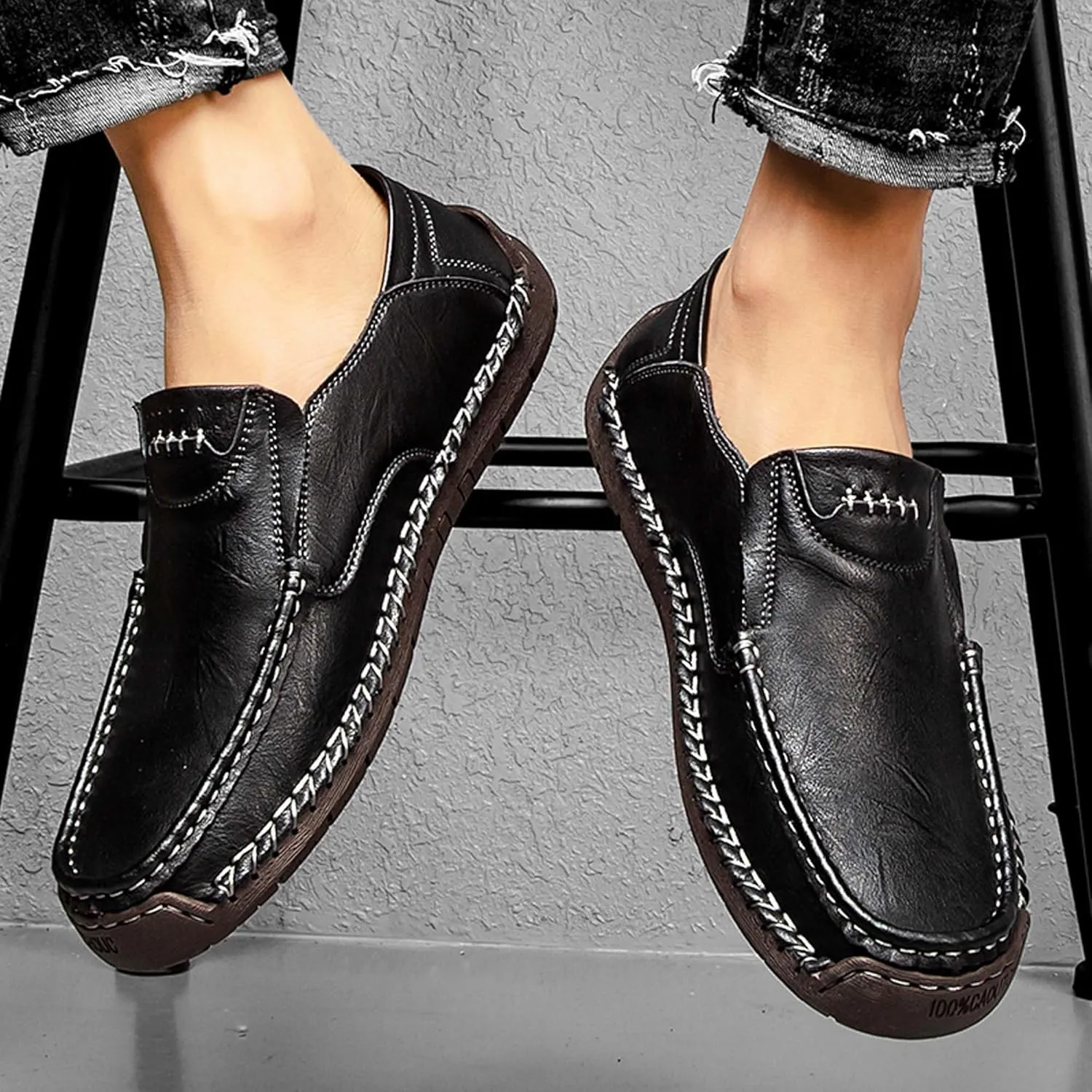 Men's Fashion Athletic Casual Shoes, Premium Genuine Leather Men's Loafers, Flat Loafers, Walking Shoes, Driving Shoes, Hand Sewn, More Durable